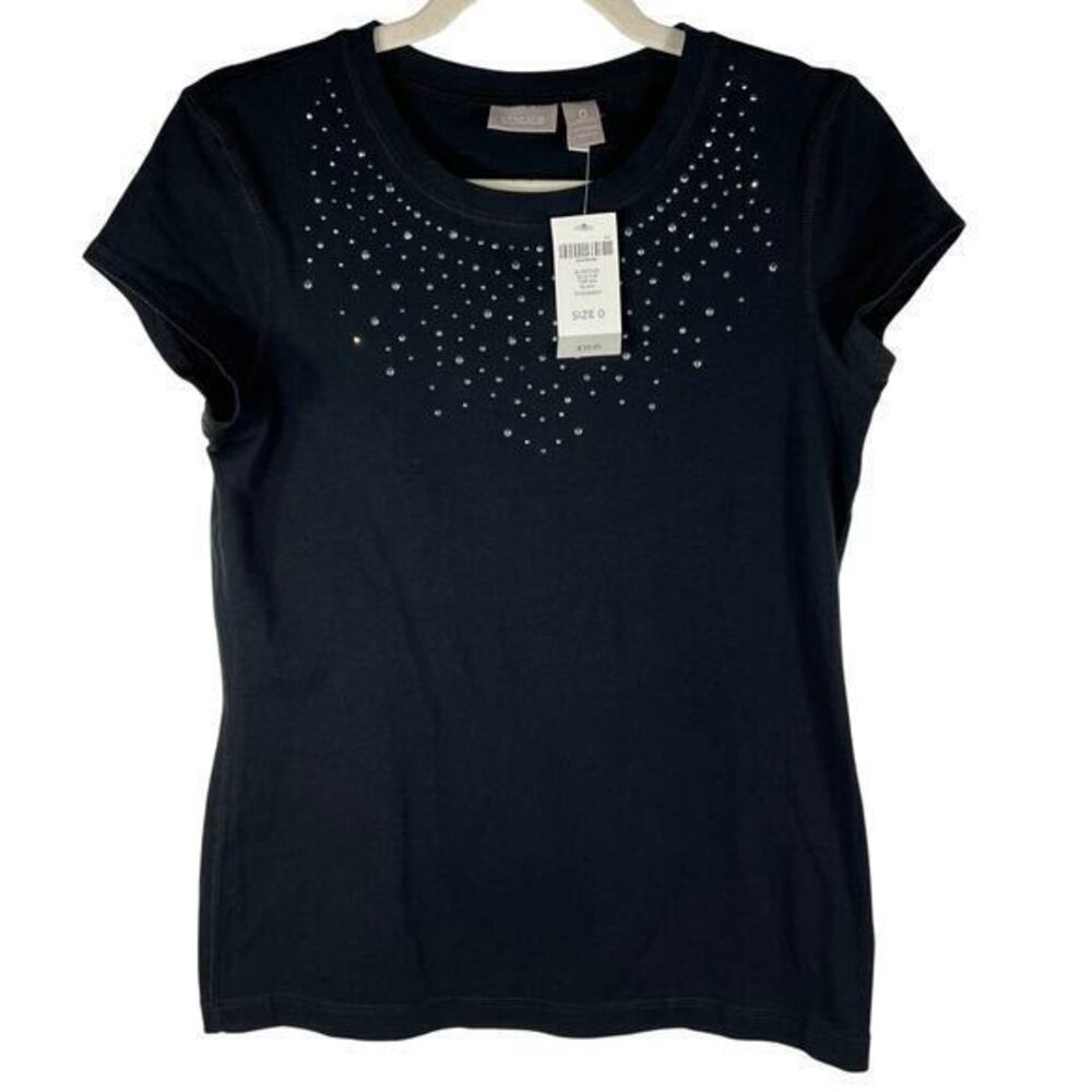 Chico's Silver Studded T-Shirt Size 0/Small Black Cap Sleeve Whimsigoth‎ NEW!